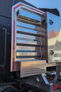 Aluminum truck headache rack installed on flatbed

Rear view of truck cab protector with tool trays

Chain hangers and aluminum rack detail view

Side angle of tool tray and shelf setup

Close-up of mini-vault storage box on aluminum rack