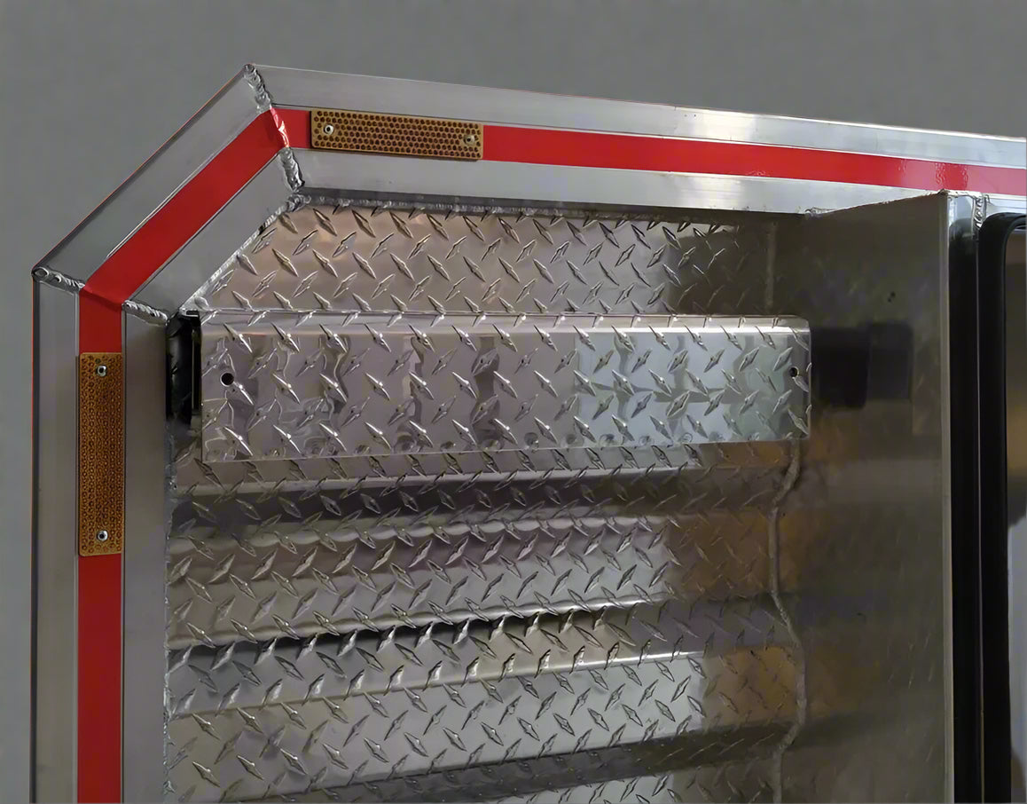 Aluminum truck headache rack installed on flatbed

Rear view of truck cab protector with tool trays

Chain hangers and aluminum rack detail view

Side angle of tool tray and shelf setup

Close-up of mini-vault storage box on aluminum rack