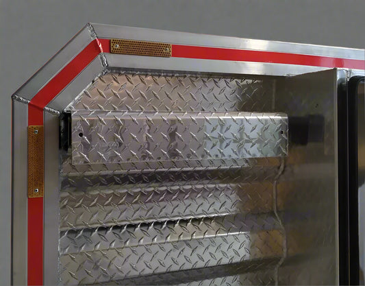 Aluminum truck headache rack installed on flatbed

Rear view of truck cab protector with tool trays

Chain hangers and aluminum rack detail view

Side angle of tool tray and shelf setup

Close-up of mini-vault storage box on aluminum rack