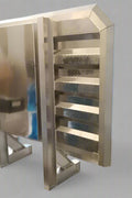 Aluminum truck headache rack installed on flatbed

Rear view of truck cab protector with tool trays

Chain hangers and aluminum rack detail view

Side angle of tool tray and shelf setup

Close-up of mini-vault storage box on aluminum rack