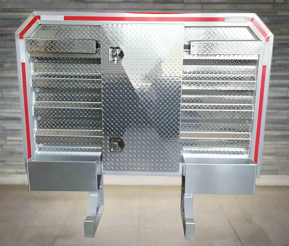 Aluminum truck headache rack installed on flatbed

Rear view of truck cab protector with tool trays

Chain hangers and aluminum rack detail view

Side angle of tool tray and shelf setup

Close-up of mini-vault storage box on aluminum rack