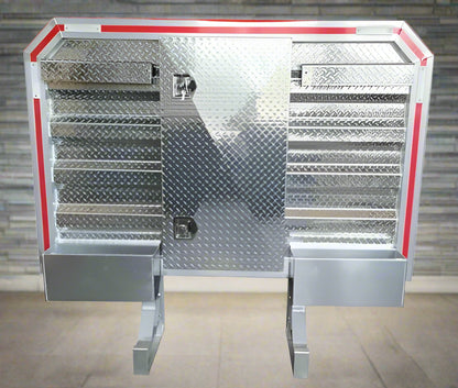 Aluminum truck headache rack installed on flatbed

Rear view of truck cab protector with tool trays

Chain hangers and aluminum rack detail view

Side angle of tool tray and shelf setup

Close-up of mini-vault storage box on aluminum rack