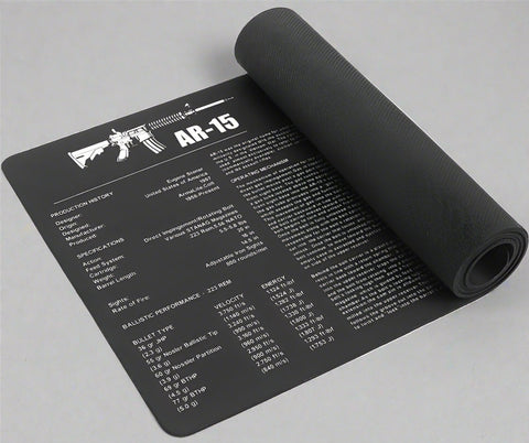 AR-15 rifle cleaning mat with printed parts diagram
Non-slip oil-resistant gun cleaning pad for rifles
AR-15 firearm maintenance mat on workbench
