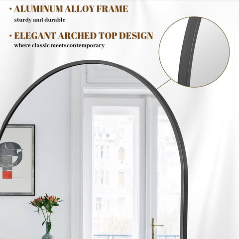 “Arched full-length mirror with black frame beside potted plant”

“Bedroom setup featuring full-length arched mirror against white wall”

“Arched mirror wall mounted in hallway entrance”

“Black-framed modern mirror with standing support in bedroom”

“Close-up of 58x18 mirror frame and edge details”