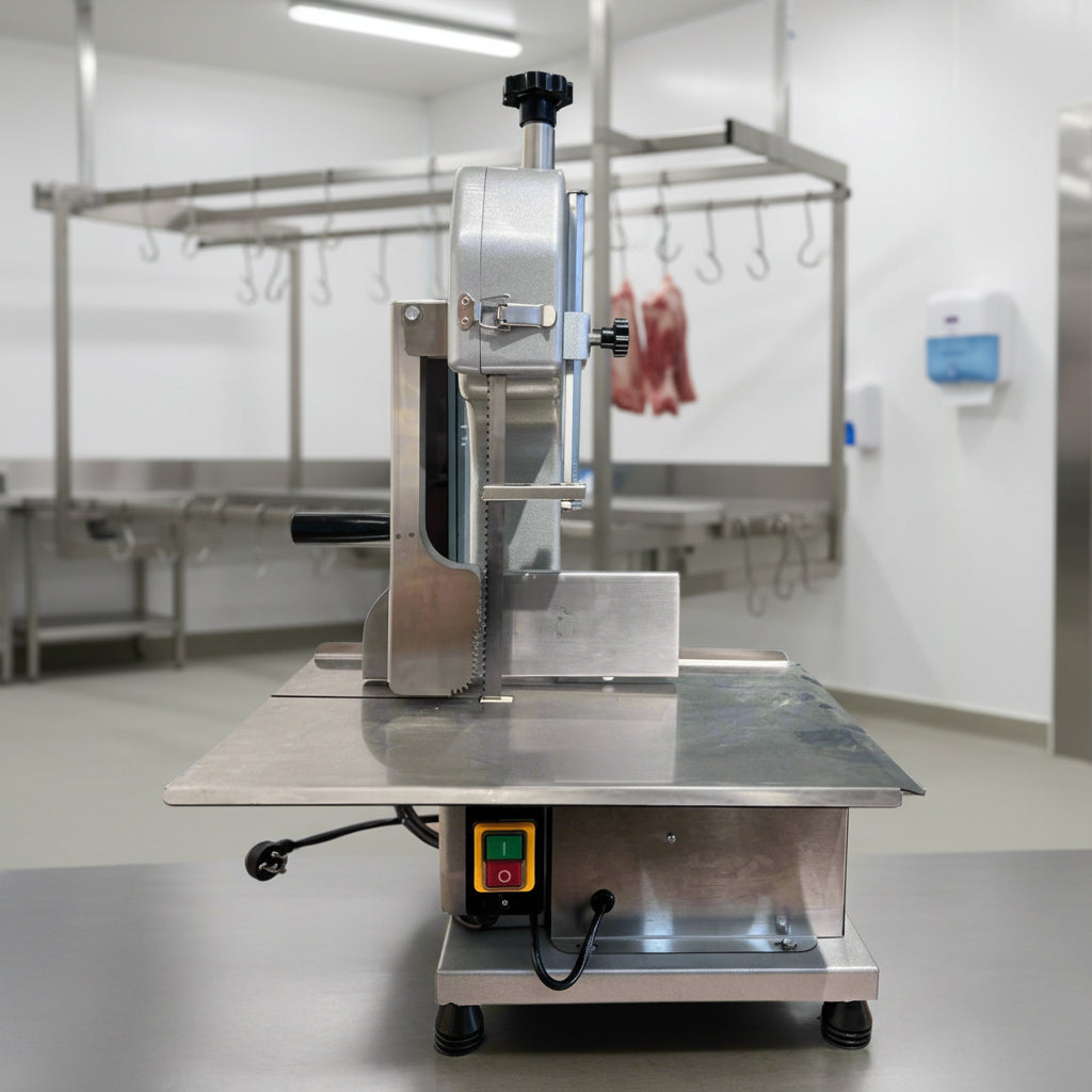 Full front view of a commercial frozen meat and bone saw machine
Side angle of a stainless steel cutting saw in a commercial kitchen
Bone saw machine in use, cutting frozen meat
Operator slicing frozen beef bones with an electric meat saw
Commercial food processing bone cutting equipment in operation
Close-up of adjustable blade on automatic bone saw