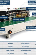 Commercial band sealer with conveyor – front view

Food bag sealing machine with print feature

Industrial automatic sealer in green

FR880 band sealer machine close-up