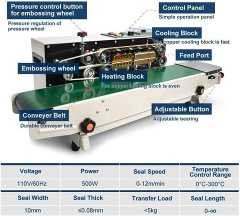 Commercial band sealer with conveyor – front view

Food bag sealing machine with print feature

Industrial automatic sealer in green

FR880 band sealer machine close-up