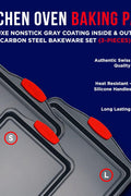 Full 3-piece cookie sheet baking set with red silicone handles

Close-up of non-stick carbon steel surface

All three sheet pans stacked for compact storage

Individual small, medium, and large baking sheets displayed

Cookie pans in oven with baked goods (if applicable)