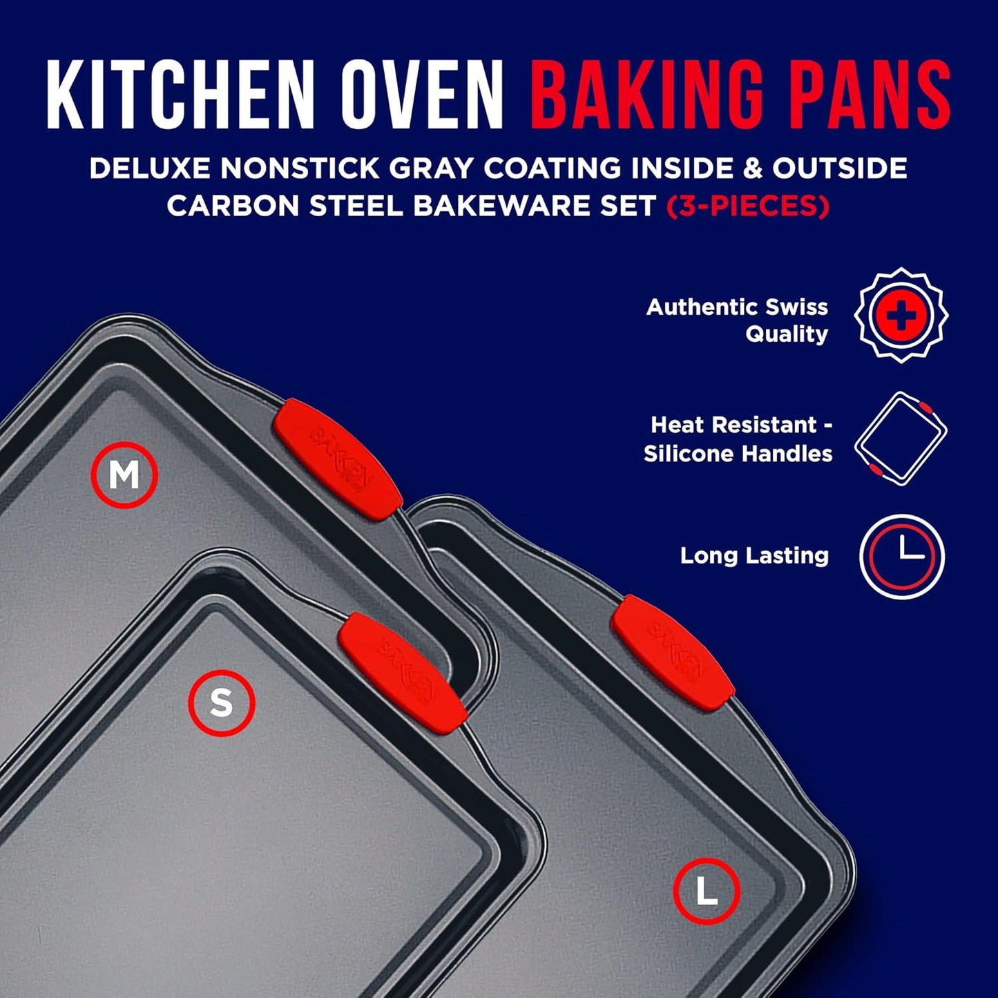Full 3-piece cookie sheet baking set with red silicone handles

Close-up of non-stick carbon steel surface

All three sheet pans stacked for compact storage

Individual small, medium, and large baking sheets displayed

Cookie pans in oven with baked goods (if applicable)