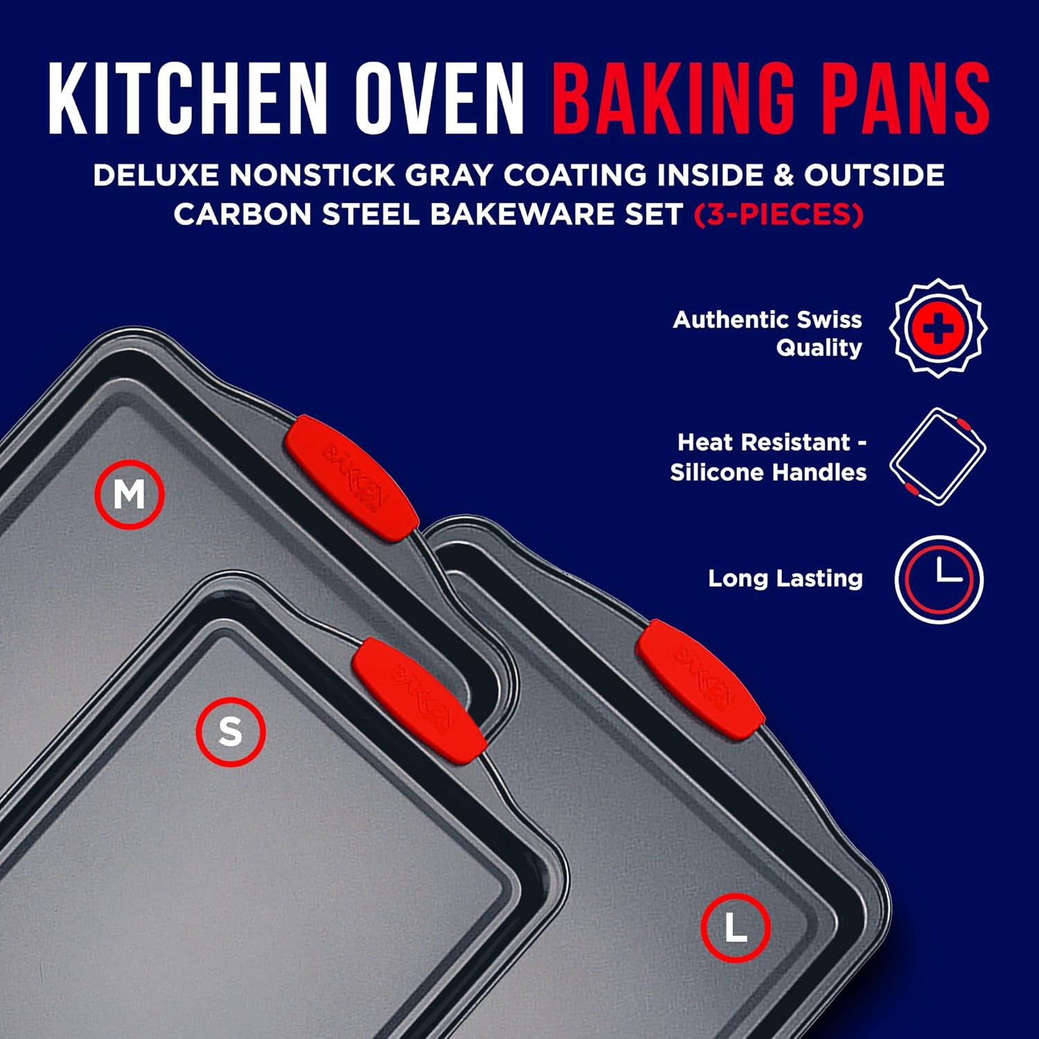 Full 3-piece cookie sheet baking set with red silicone handles

Close-up of non-stick carbon steel surface

All three sheet pans stacked for compact storage

Individual small, medium, and large baking sheets displayed

Cookie pans in oven with baked goods (if applicable)