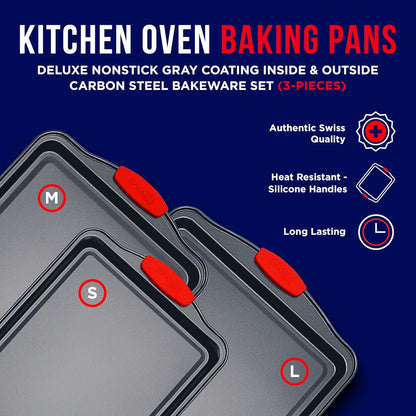 Full 3-piece cookie sheet baking set with red silicone handles

Close-up of non-stick carbon steel surface

All three sheet pans stacked for compact storage

Individual small, medium, and large baking sheets displayed

Cookie pans in oven with baked goods (if applicable)