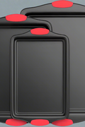 Full 3-piece cookie sheet baking set with red silicone handles

Close-up of non-stick carbon steel surface

All three sheet pans stacked for compact storage

Individual small, medium, and large baking sheets displayed

Cookie pans in oven with baked goods (if applicable)