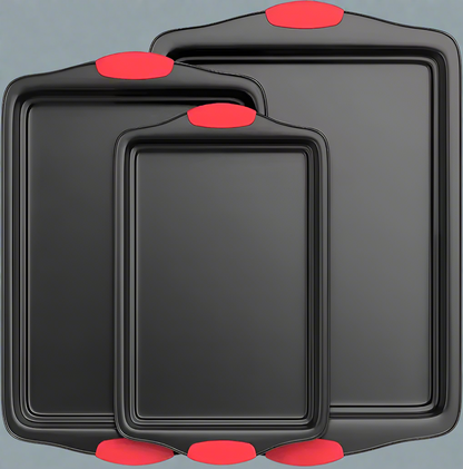 Full 3-piece cookie sheet baking set with red silicone handles

Close-up of non-stick carbon steel surface

All three sheet pans stacked for compact storage

Individual small, medium, and large baking sheets displayed

Cookie pans in oven with baked goods (if applicable)
