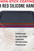 Full 3-piece cookie sheet baking set with red silicone handles

Close-up of non-stick carbon steel surface

All three sheet pans stacked for compact storage

Individual small, medium, and large baking sheets displayed

Cookie pans in oven with baked goods (if applicable)