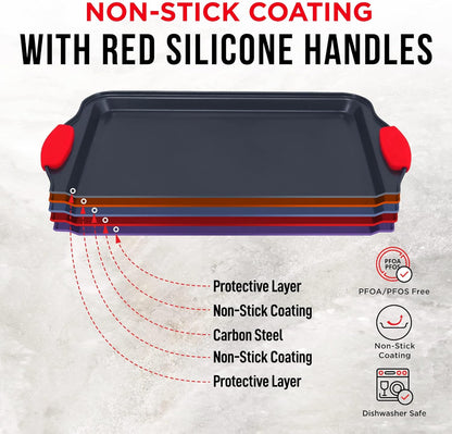 Full 3-piece cookie sheet baking set with red silicone handles

Close-up of non-stick carbon steel surface

All three sheet pans stacked for compact storage

Individual small, medium, and large baking sheets displayed

Cookie pans in oven with baked goods (if applicable)