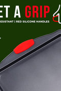 Full 3-piece cookie sheet baking set with red silicone handles

Close-up of non-stick carbon steel surface

All three sheet pans stacked for compact storage

Individual small, medium, and large baking sheets displayed

Cookie pans in oven with baked goods (if applicable)