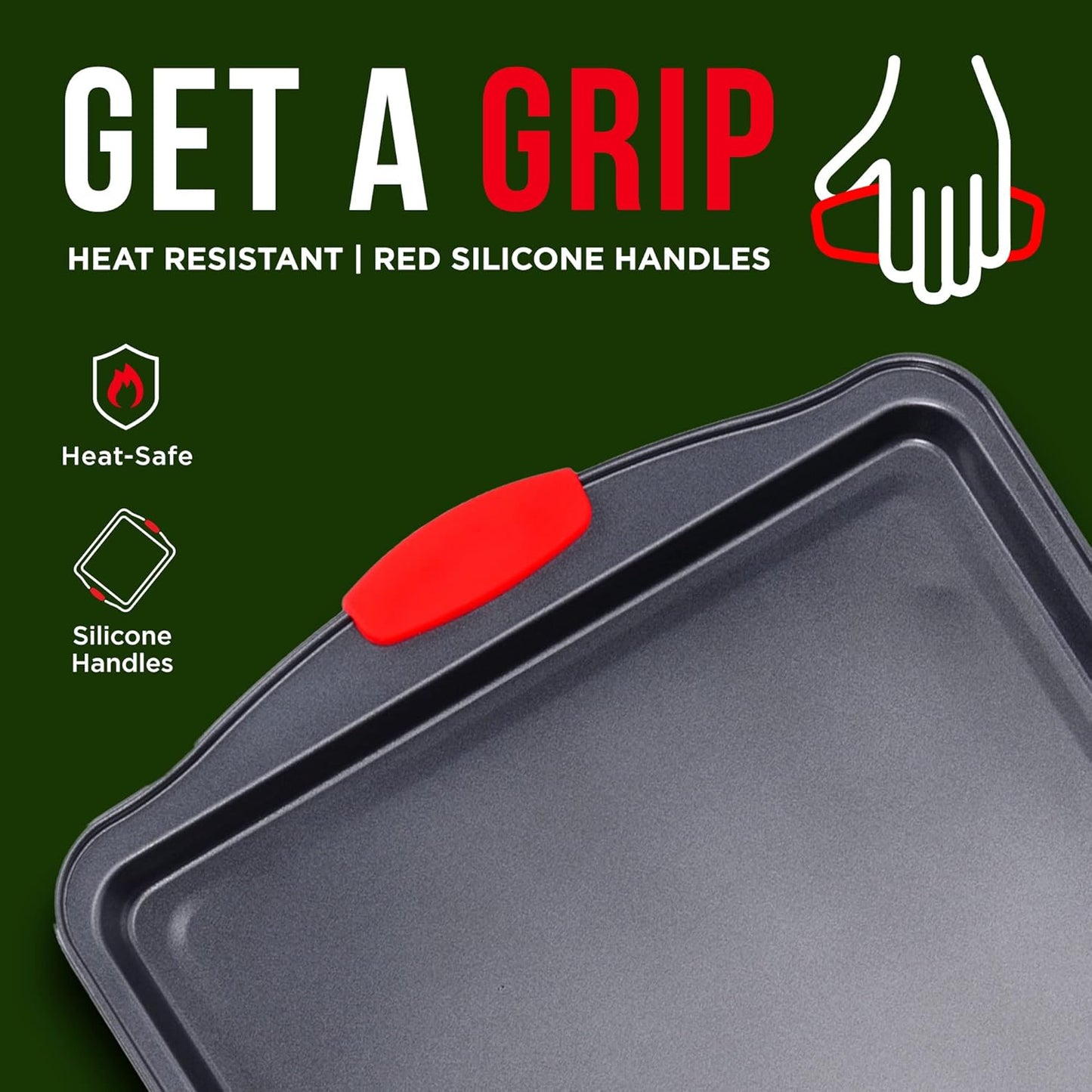Full 3-piece cookie sheet baking set with red silicone handles

Close-up of non-stick carbon steel surface

All three sheet pans stacked for compact storage

Individual small, medium, and large baking sheets displayed

Cookie pans in oven with baked goods (if applicable)
