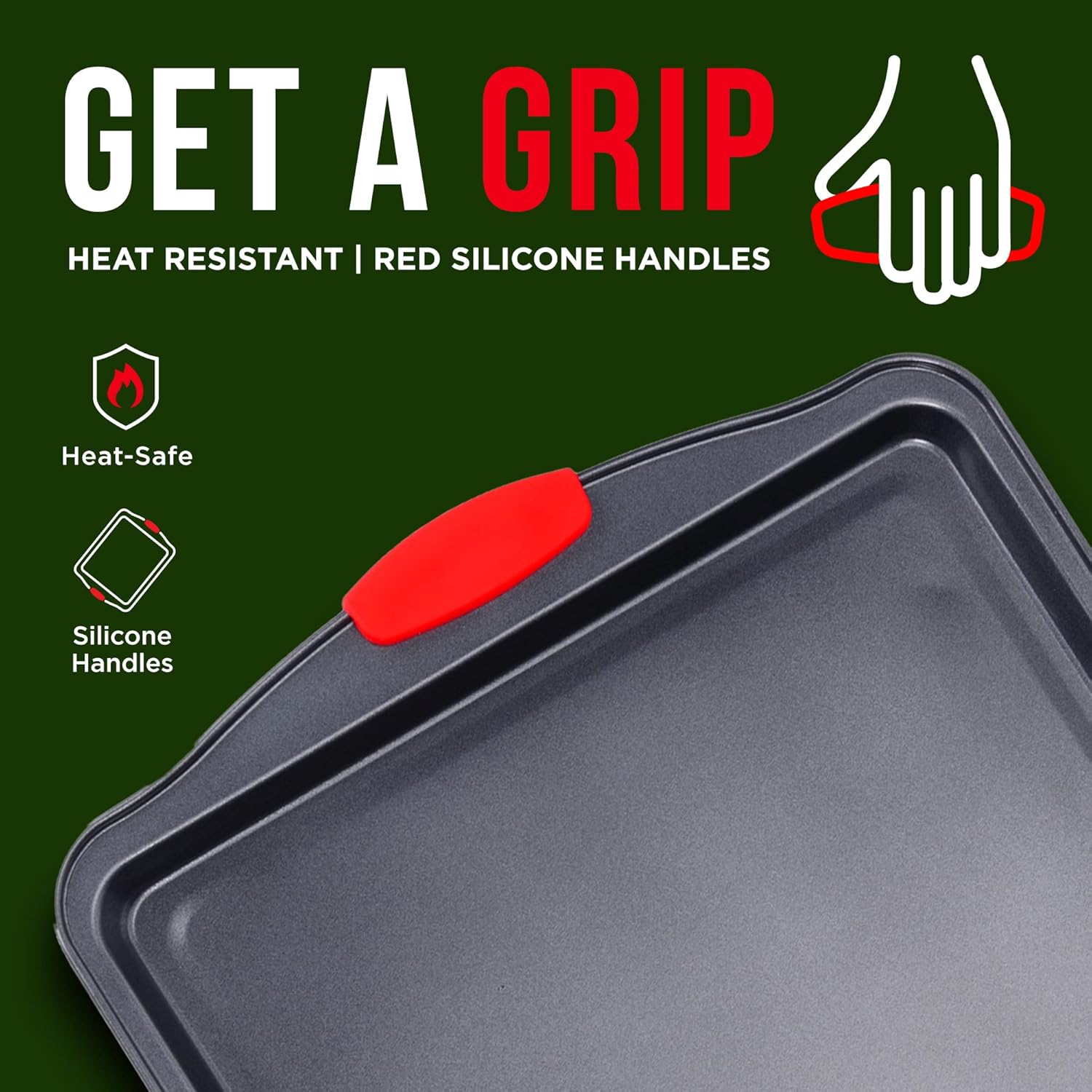 Full 3-piece cookie sheet baking set with red silicone handles

Close-up of non-stick carbon steel surface

All three sheet pans stacked for compact storage

Individual small, medium, and large baking sheets displayed

Cookie pans in oven with baked goods (if applicable)