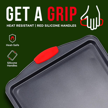 Full 3-piece cookie sheet baking set with red silicone handles

Close-up of non-stick carbon steel surface

All three sheet pans stacked for compact storage

Individual small, medium, and large baking sheets displayed

Cookie pans in oven with baked goods (if applicable)