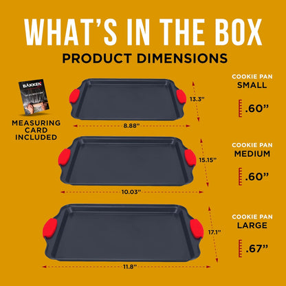 Full 3-piece cookie sheet baking set with red silicone handles

Close-up of non-stick carbon steel surface

All three sheet pans stacked for compact storage

Individual small, medium, and large baking sheets displayed

Cookie pans in oven with baked goods (if applicable)