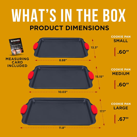 Full 3-piece cookie sheet baking set with red silicone handles

Close-up of non-stick carbon steel surface

All three sheet pans stacked for compact storage

Individual small, medium, and large baking sheets displayed

Cookie pans in oven with baked goods (if applicable)