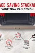Full 3-piece cookie sheet baking set with red silicone handles

Close-up of non-stick carbon steel surface

All three sheet pans stacked for compact storage

Individual small, medium, and large baking sheets displayed

Cookie pans in oven with baked goods (if applicable)