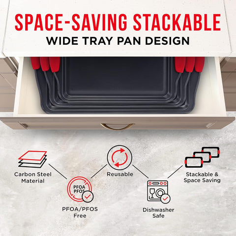 Full 3-piece cookie sheet baking set with red silicone handles

Close-up of non-stick carbon steel surface

All three sheet pans stacked for compact storage

Individual small, medium, and large baking sheets displayed

Cookie pans in oven with baked goods (if applicable)