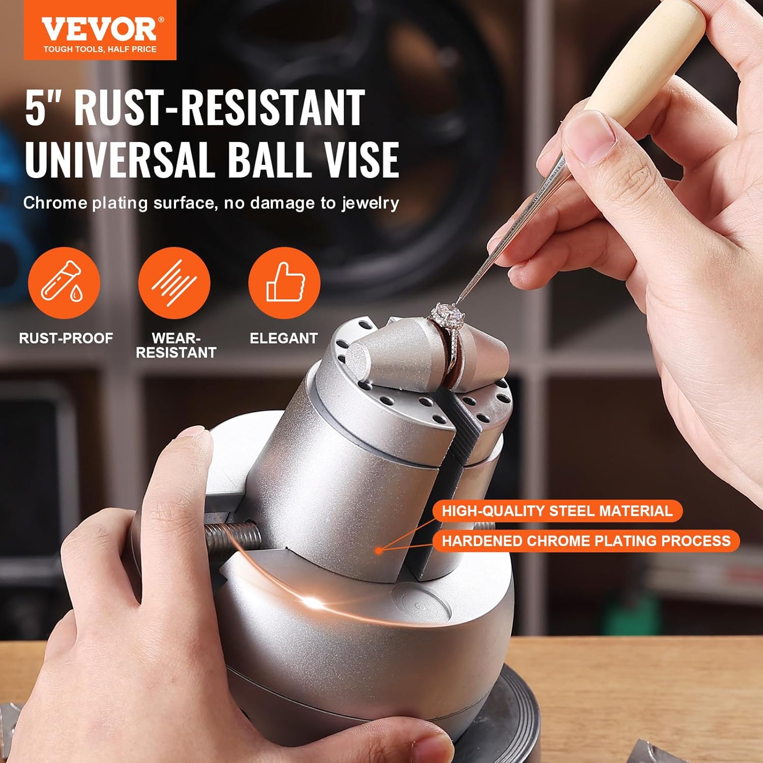 5-inch Ball Vise Jewelry Engraving Tool with full accessories kit
Precision ball vise clamp for jewelry making and stone setting
Engraving tool with interchangeable jaws and 360-degree rotation
Jeweler working with a professional engraving vise clamp
Stainless steel workholding clamp for jewelry and watch repair