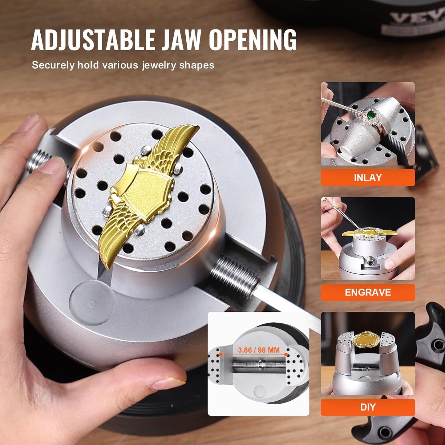 5-inch Ball Vise Jewelry Engraving Tool with full accessories kit
Precision ball vise clamp for jewelry making and stone setting
Engraving tool with interchangeable jaws and 360-degree rotation
Jeweler working with a professional engraving vise clamp
Stainless steel workholding clamp for jewelry and watch repair