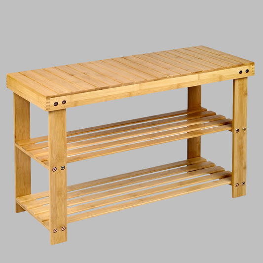 "2-tier natural bamboo shoe rack shelf for entryway, compact freestanding organizer – Model BSR0312"