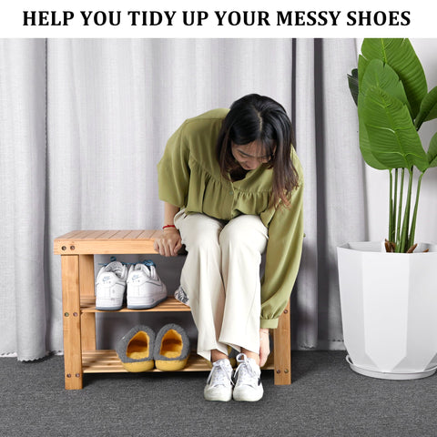 "2-tier natural bamboo shoe rack shelf for entryway, compact freestanding organizer – Model BSR0312"
