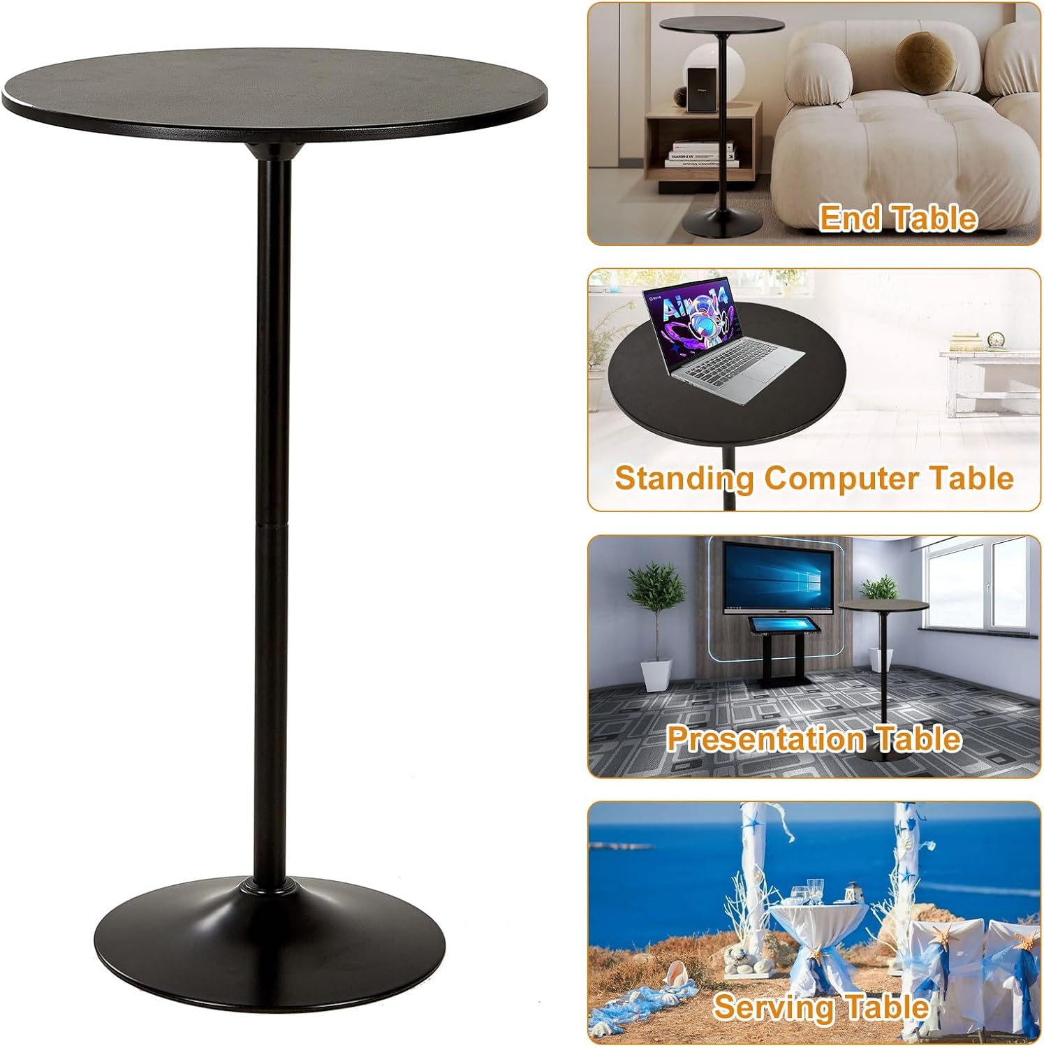 Modern 23.6" black round bar table in kitchen setting

Bistro-style high-top table with metal base

Close-up of durable tabletop and base

39-inch tall round table in a café setting

Side profile of minimalist modern bar table