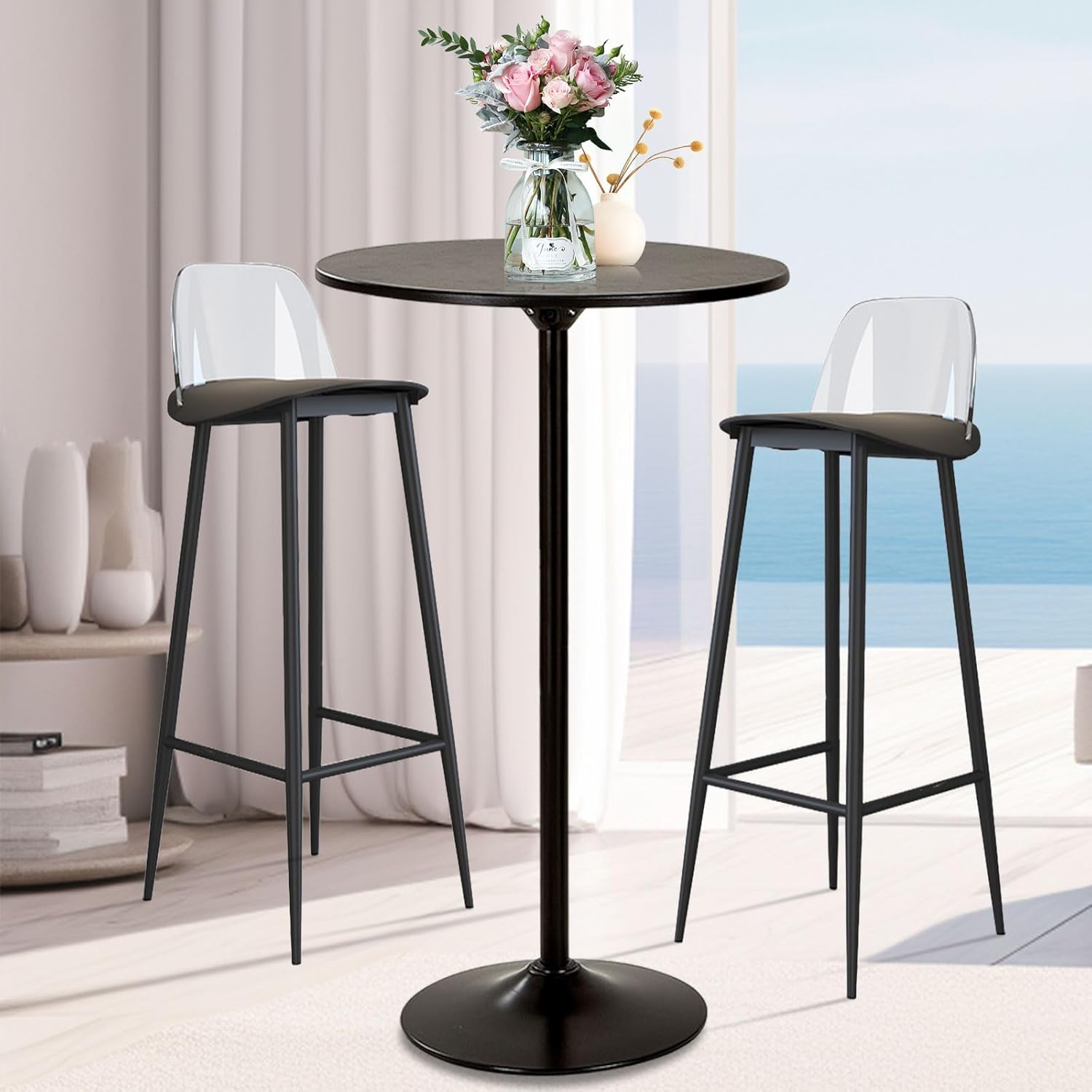 Modern 23.6" black round bar table in kitchen setting

Bistro-style high-top table with metal base

Close-up of durable tabletop and base

39-inch tall round table in a café setting

Side profile of minimalist modern bar table