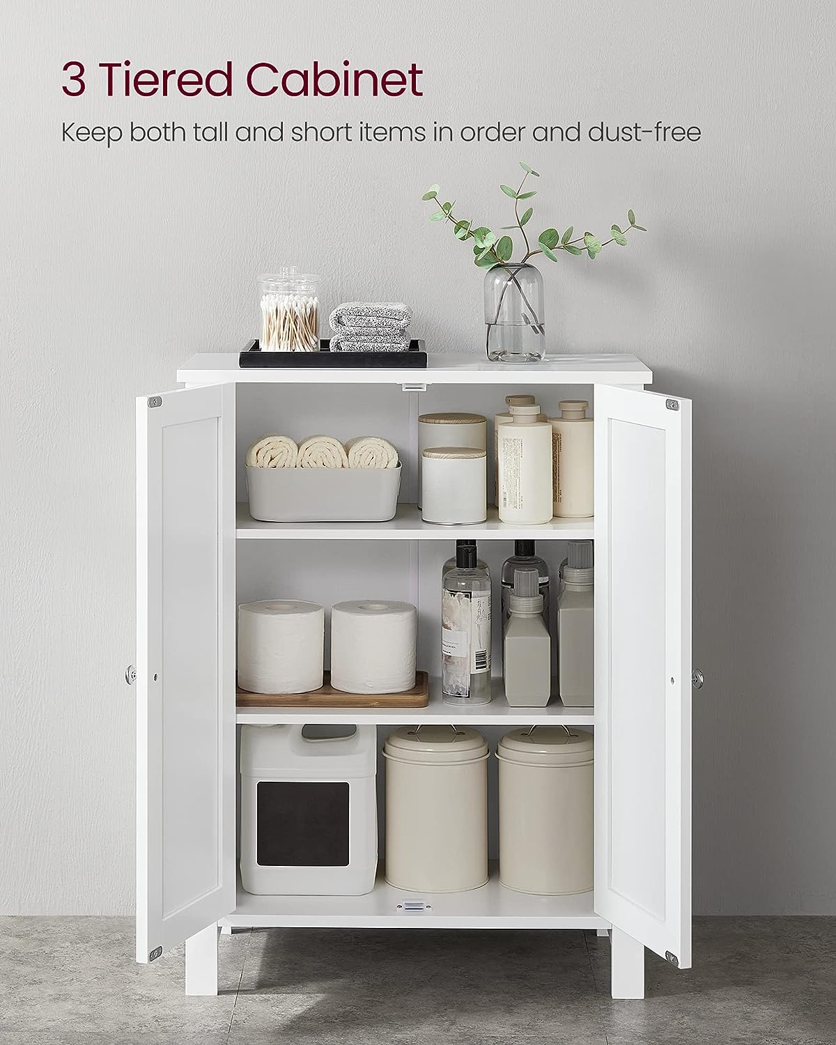 White bathroom storage cabinet with 2 adjustable MDF shelves
Floor standing bathroom organizer with clean white finish
Freestanding cabinet for bathroom, laundry or hallway
Adjustable shelf storage cabinet with modern design
White MDF floor cabinet for towels, toiletries, and home use