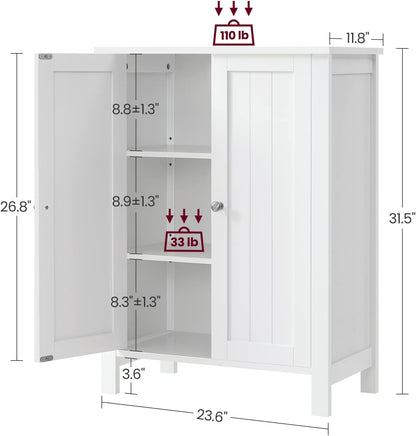 White bathroom storage cabinet with 2 adjustable MDF shelves
Floor standing bathroom organizer with clean white finish
Freestanding cabinet for bathroom, laundry or hallway
Adjustable shelf storage cabinet with modern design
White MDF floor cabinet for towels, toiletries, and home use