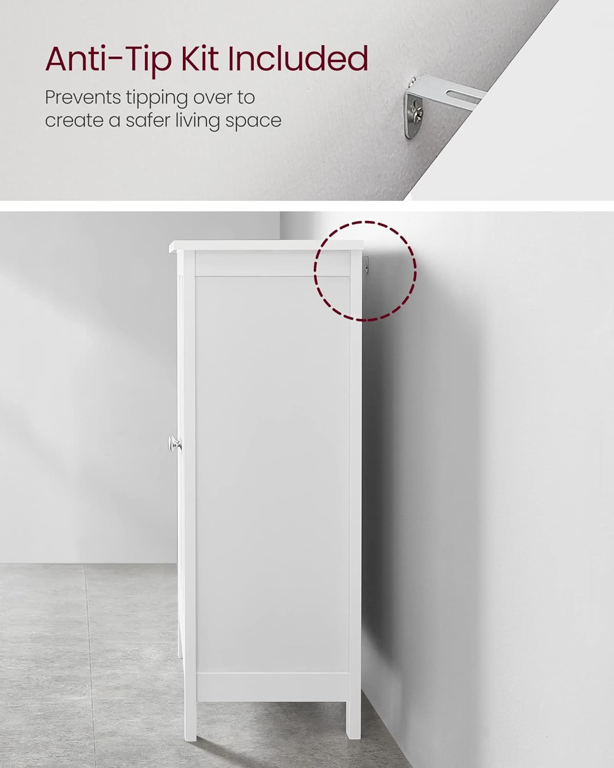 White bathroom storage cabinet with 2 adjustable MDF shelves
Floor standing bathroom organizer with clean white finish
Freestanding cabinet for bathroom, laundry or hallway
Adjustable shelf storage cabinet with modern design
White MDF floor cabinet for towels, toiletries, and home use