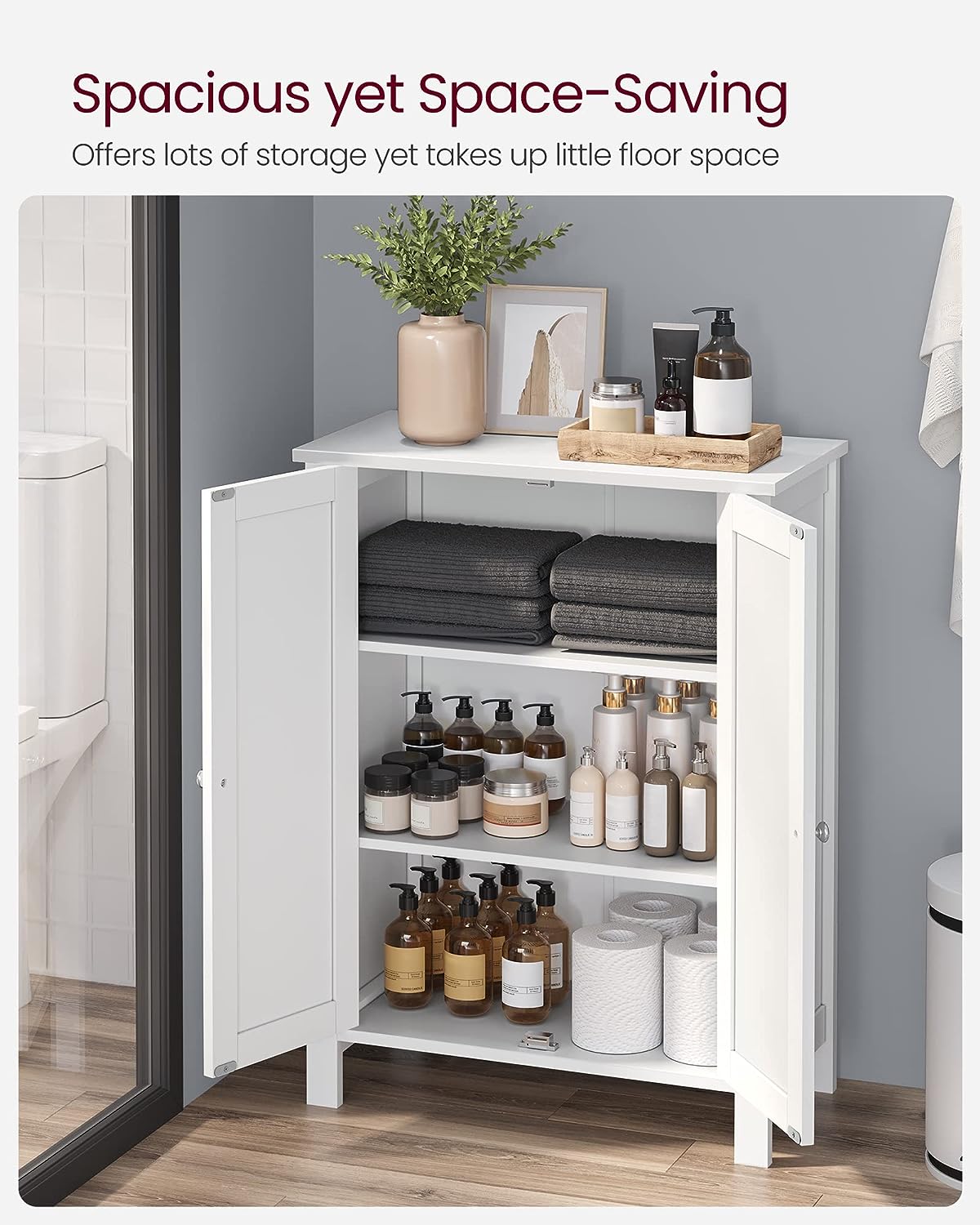 White bathroom storage cabinet with 2 adjustable MDF shelves
Floor standing bathroom organizer with clean white finish
Freestanding cabinet for bathroom, laundry or hallway
Adjustable shelf storage cabinet with modern design
White MDF floor cabinet for towels, toiletries, and home use