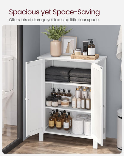 White bathroom storage cabinet with 2 adjustable MDF shelves
Floor standing bathroom organizer with clean white finish
Freestanding cabinet for bathroom, laundry or hallway
Adjustable shelf storage cabinet with modern design
White MDF floor cabinet for towels, toiletries, and home use