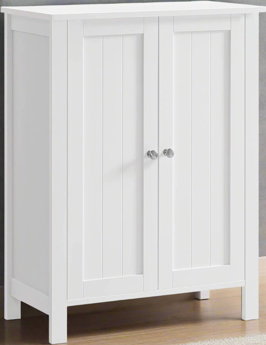 White bathroom storage cabinet with 2 adjustable MDF shelves
Floor standing bathroom organizer with clean white finish
Freestanding cabinet for bathroom, laundry or hallway
Adjustable shelf storage cabinet with modern design
White MDF floor cabinet for towels, toiletries, and home use