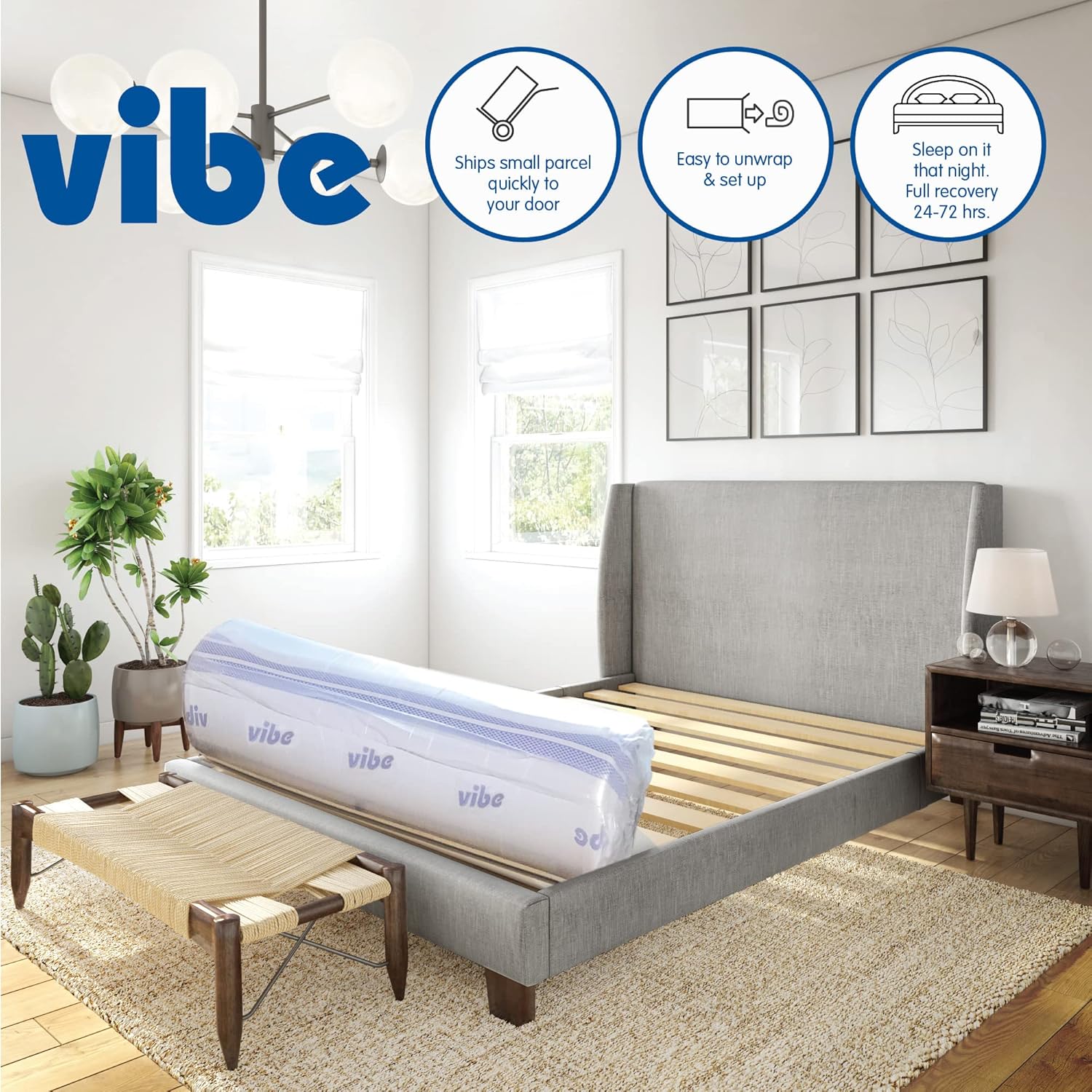 12-inch gel memory foam mattress rolled and boxed for delivery
Vibe king memory foam mattress with waterproof protector included
Cross-section of layered foam structure with cooling gel
CertiPUR-US certified memory foam bed – king and twin XL sizes