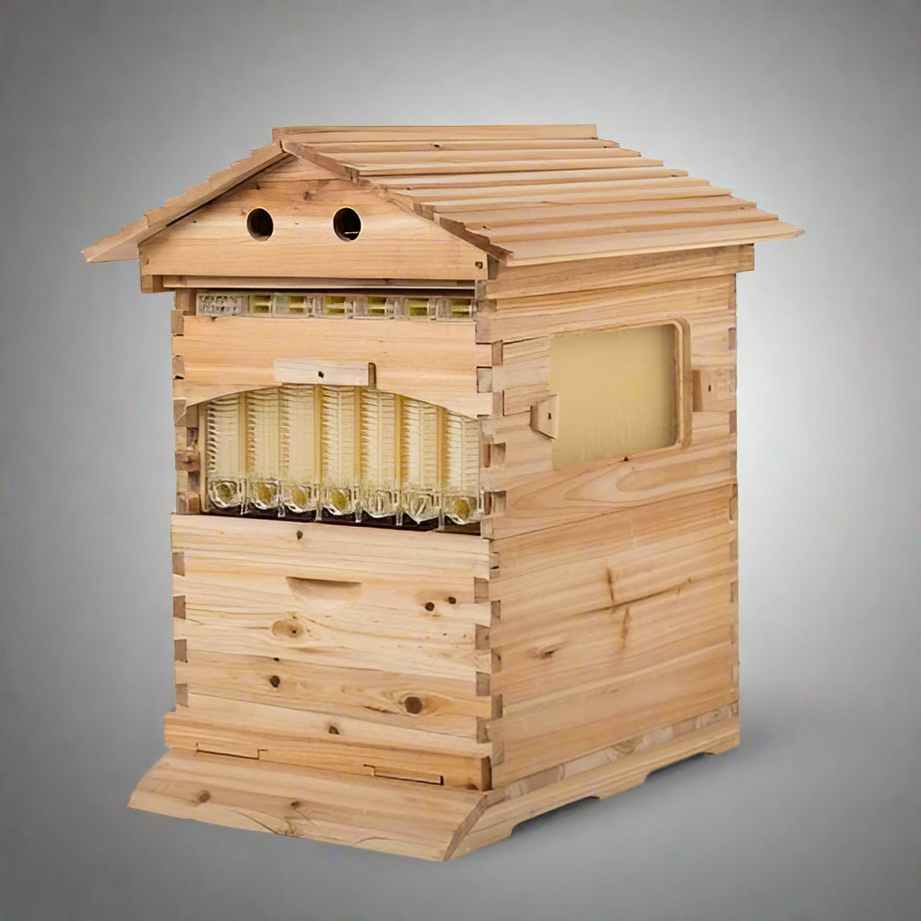 Flow Hive Langstroth Bee Hive with 7 Auto Frames - Front View

Wooden Bee Hive with Honey Flow System

Auto Flow Frames for Easy Honey Extraction

Top View of 2-Layer Langstroth Bee Hive

Honey Collection from Flow Hive Auto Frames

Disassembled View of Bee Hive Kit Components

Wooden Hive Box with Automatic Frames

Honey Frame Close-Up for Flow Extraction