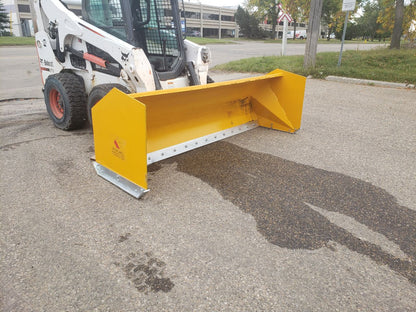 Bendall skid steer snow pusher attached to loader

Yellow snow box blade for skid steer

Heavy-duty snow bucket blade in winter setting

96-inch Bendall box blade in commercial snow use

Rear angle of Bendall snow blade showing mold board

