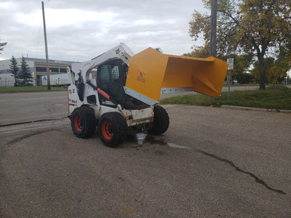 Bendall skid steer snow pusher attached to loader

Yellow snow box blade for skid steer

Heavy-duty snow bucket blade in winter setting

96-inch Bendall box blade in commercial snow use

Rear angle of Bendall snow blade showing mold board

