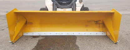 Bendall skid steer snow pusher attached to loader

Yellow snow box blade for skid steer

Heavy-duty snow bucket blade in winter setting

96-inch Bendall box blade in commercial snow use

Rear angle of Bendall snow blade showing mold board

