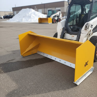 Bendall skid steer snow pusher attached to loader

Yellow snow box blade for skid steer

Heavy-duty snow bucket blade in winter setting

96-inch Bendall box blade in commercial snow use

Rear angle of Bendall snow blade showing mold board

