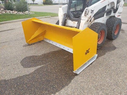 Bendall skid steer snow pusher attached to loader

Yellow snow box blade for skid steer

Heavy-duty snow bucket blade in winter setting

96-inch Bendall box blade in commercial snow use

Rear angle of Bendall snow blade showing mold board


