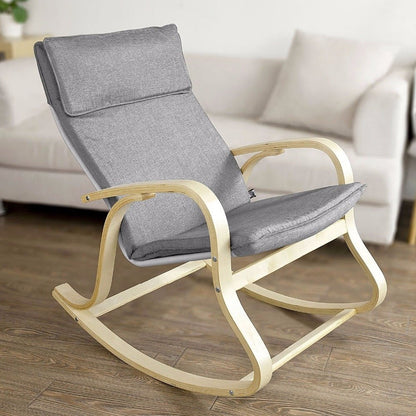 Modern bentwood rocking chair with curved birch frame and grey cushion
Front view of grey upholstered rocking chair
Side profile of nursery-style bentwood rocker
Back view of wooden frame rocking chair
Rocking chair staged in a minimal reading nook