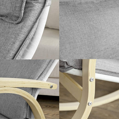Modern bentwood rocking chair with curved birch frame and grey cushion
Front view of grey upholstered rocking chair
Side profile of nursery-style bentwood rocker
Back view of wooden frame rocking chair
Rocking chair staged in a minimal reading nook