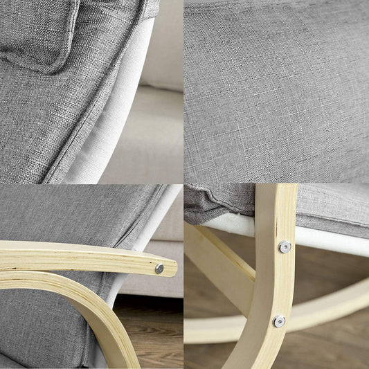 Modern bentwood rocking chair with curved birch frame and grey cushion
Front view of grey upholstered rocking chair
Side profile of nursery-style bentwood rocker
Back view of wooden frame rocking chair
Rocking chair staged in a minimal reading nook