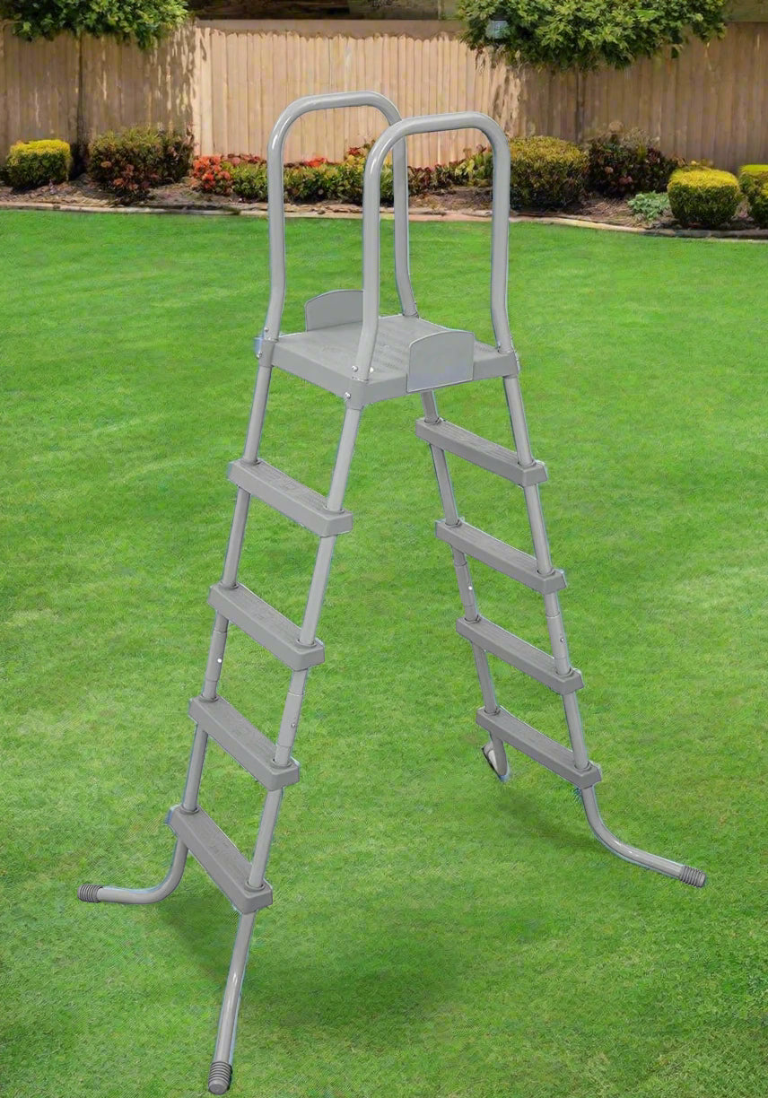 Bestway 52-Inch Pool Ladder – Side View on Grass
Heavy-Duty Steel Pool Ladder – Front Entry View
Above Ground Pool Access Ladder – Gray Frame
Rust-Resistant Pool Ladder with Platform and Handrails